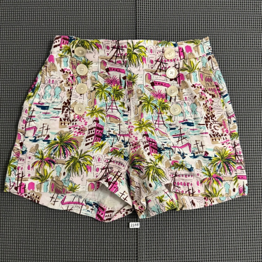J.Crew Women 00 Tropical Harbor Sailor Shorts Pink Green Palm Tree Nautical